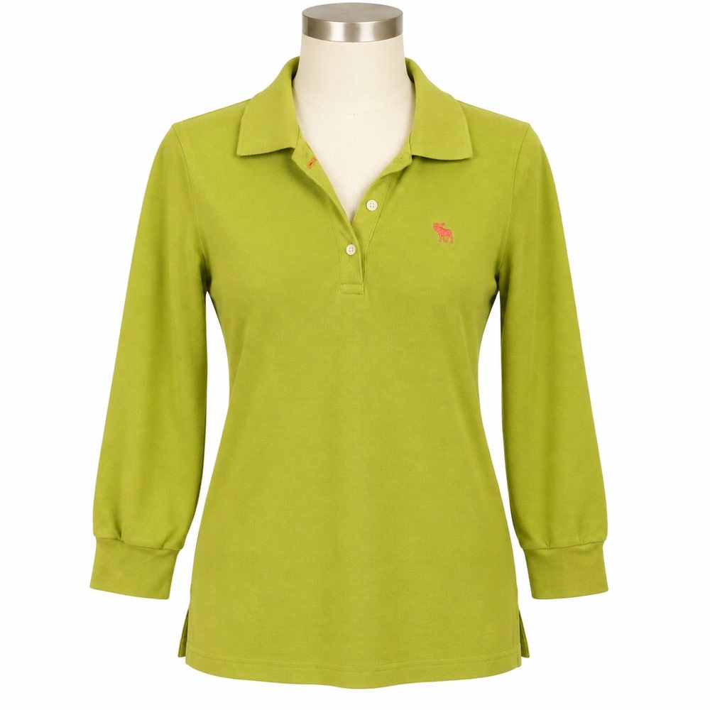 Abercrombie Fitch Y2K Polo Shirt Size Medium Lime Green Collared 3/4 Sleeves